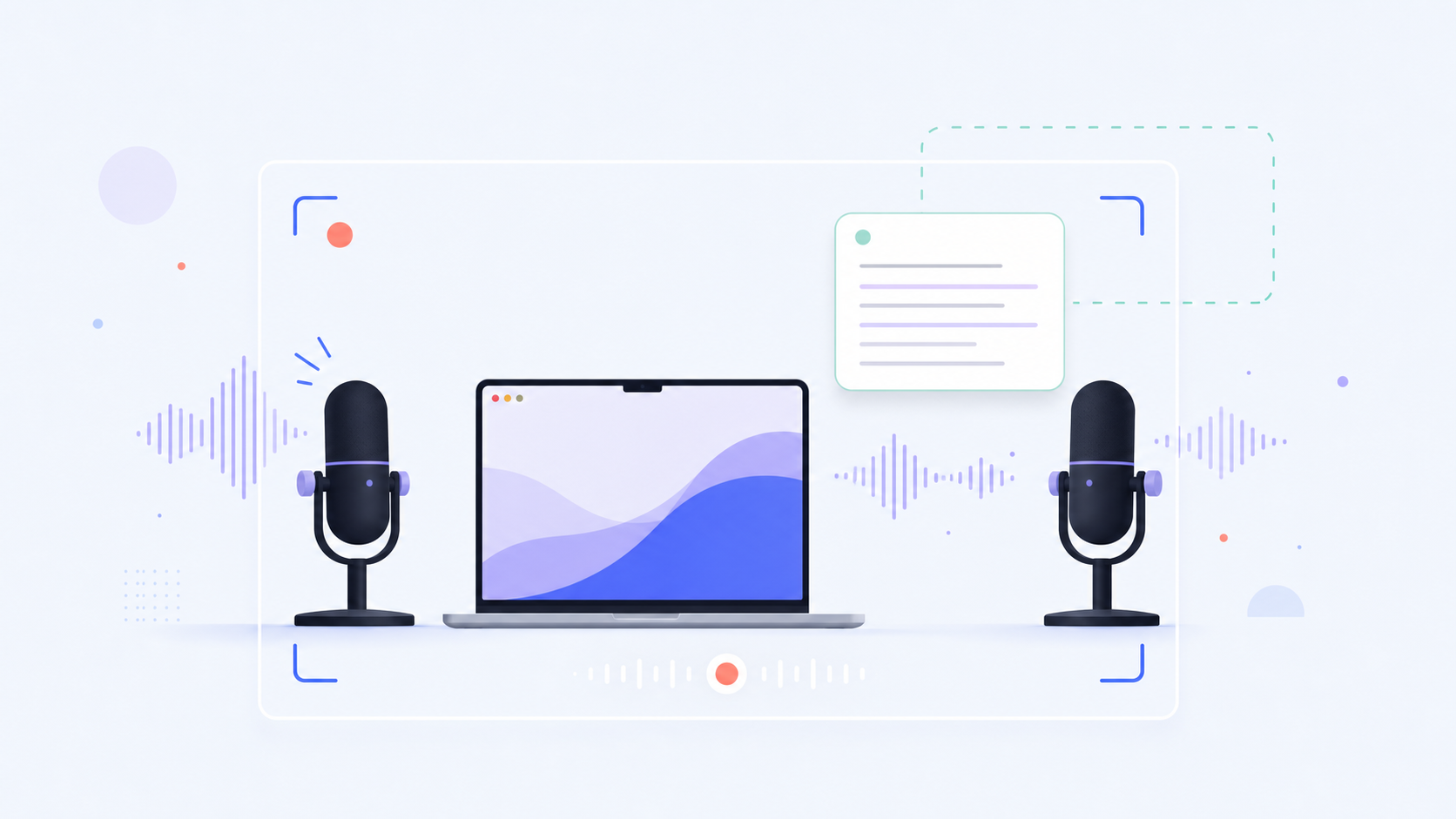 A Mac video podcast recording setup with two microphones and a floating script card near the camera frame