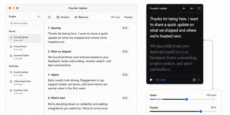 CueHide editor, floating prompt, speed, and opacity controls